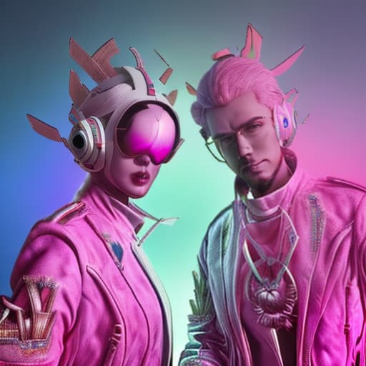 mdjrny-v4 style a couple of two boys that are wearing headphones, the scooter ( edm band, futuristic avatars, synthwave colors!!, design your own avatar, retrowave colors, synthwave colors, synthwave colours, edm, cyberpunk 2077 color, cyberpunk!!!, tech wear!!!, synthwave colorscheme, jm animation, synthwave color scheme hyperrealistic, full body, detailed clothing, highly detailed, cinematic lighting, stunningly beautiful, intricate, sharp focus, f/1. 8, 85mm, (centered image composition), (professionally color graded), ((bright soft diffused light)), volumetric fog, trending on instagram, trending on tumblr, HDR 4K, 8K