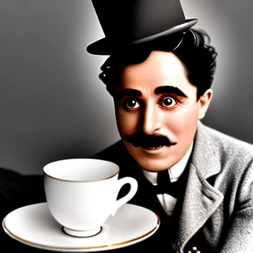 mdjrny-v4 style Charlie Chaplin, the iconic silent film star with his signature bowler hat and cane, sitting elegantly at a vintage wooden table in a cozy, dimly lit European cafe. Savoring a steaming cup of aromatic Earl Grey tea, his expressive face reflects joy and contentment as the morning sunlight filters through the lace curtains, casting shadows on the delicate china teacup and saucer.