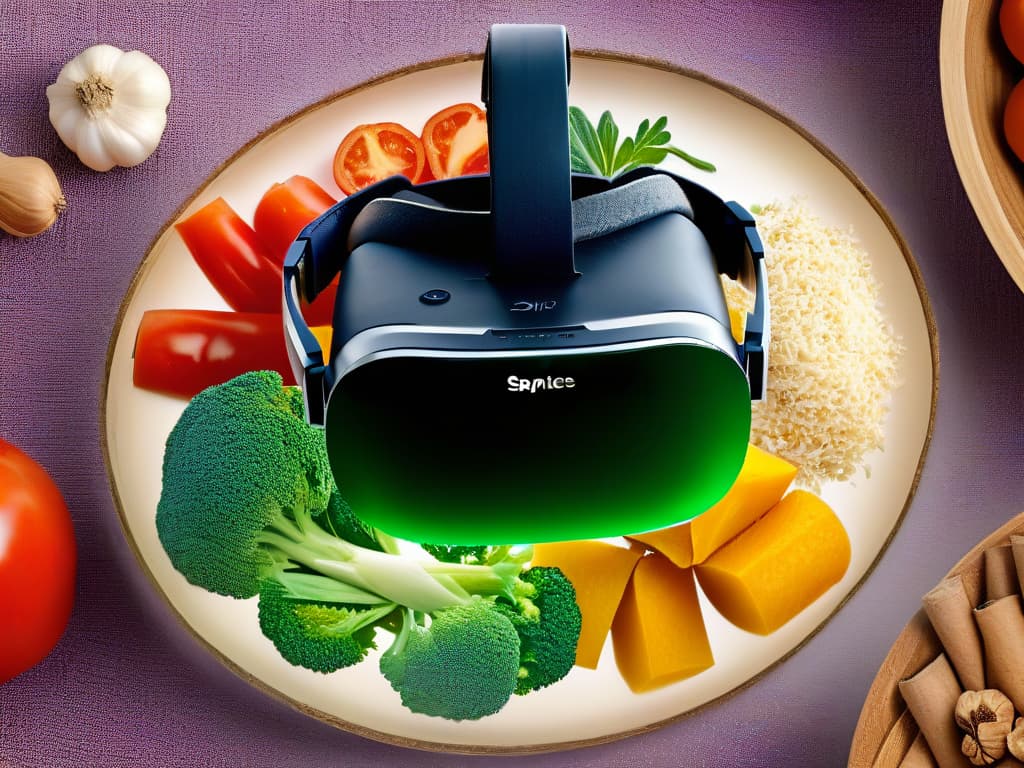  A stunningly detailed image of a virtual reality headset superimposed with various international food ingredients, such as spices, herbs, and vegetables, floating in the air around it. The headset is sleek and modern, emitting a soft, futuristic glow, while the ingredients are vibrant and colorful, representing different cuisines from around the world. This minimalist yet captivating visual encapsulates the blend of technology and global flavors that the article aims to explore. hyperrealistic, full body, detailed clothing, highly detailed, cinematic lighting, stunningly beautiful, intricate, sharp focus, f/1. 8, 85mm, (centered image composition), (professionally color graded), ((bright soft diffused light)), volumetric fog, trending on instagram, trending on tumblr, HDR 4K, 8K