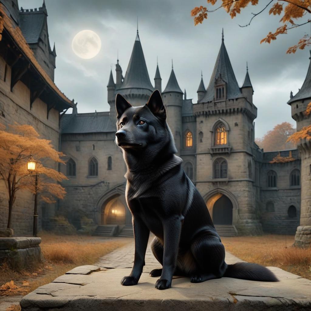  macabre style Black Shiba Inu on the background of a castle . dark, gothic, grim, haunting, highly detailed, on parchment hyperrealistic, full body, detailed clothing, highly detailed, cinematic lighting, stunningly beautiful, intricate, sharp focus, f/1. 8, 85mm, (centered image composition), (professionally color graded), ((bright soft diffused light)), volumetric fog, trending on instagram, trending on tumblr, HDR 4K, 8K