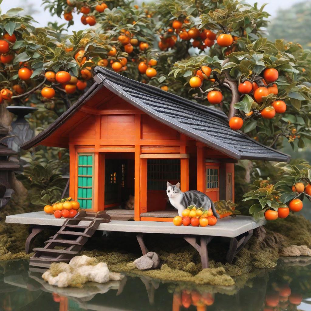  masterpiece, best quality,Miniature landscape, a hut, persimmons growing on the roof, big chairs, fat silver progressive cats