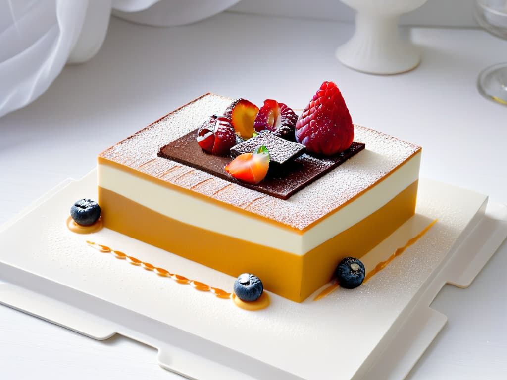  A closeup, ultradetailed photograph of a sleek, modernist dessert plate featuring a vibrant, multilayered mousse cake with intricate geometric patterns on top. The dessert is elegantly presented on a clean, white porcelain plate, emphasizing the precision and artistry of the innovative pastry creation. The textures are so finely detailed that every swirl, layer, and garnish is crystal clear, showcasing the meticulous craftsmanship and creativity that defines modern pastry innovation. hyperrealistic, full body, detailed clothing, highly detailed, cinematic lighting, stunningly beautiful, intricate, sharp focus, f/1. 8, 85mm, (centered image composition), (professionally color graded), ((bright soft diffused light)), volumetric fog, trending on instagram, trending on tumblr, HDR 4K, 8K