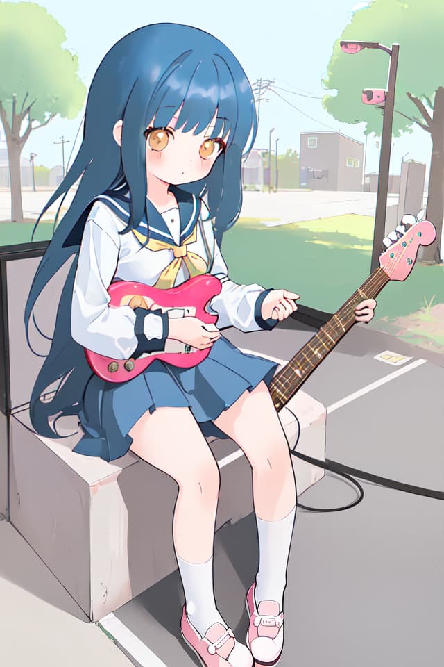  High school girl, mini character, cute, electric guitar, long hair, hanging, sitting on the ground, sailor suit, electric guitar, two heads