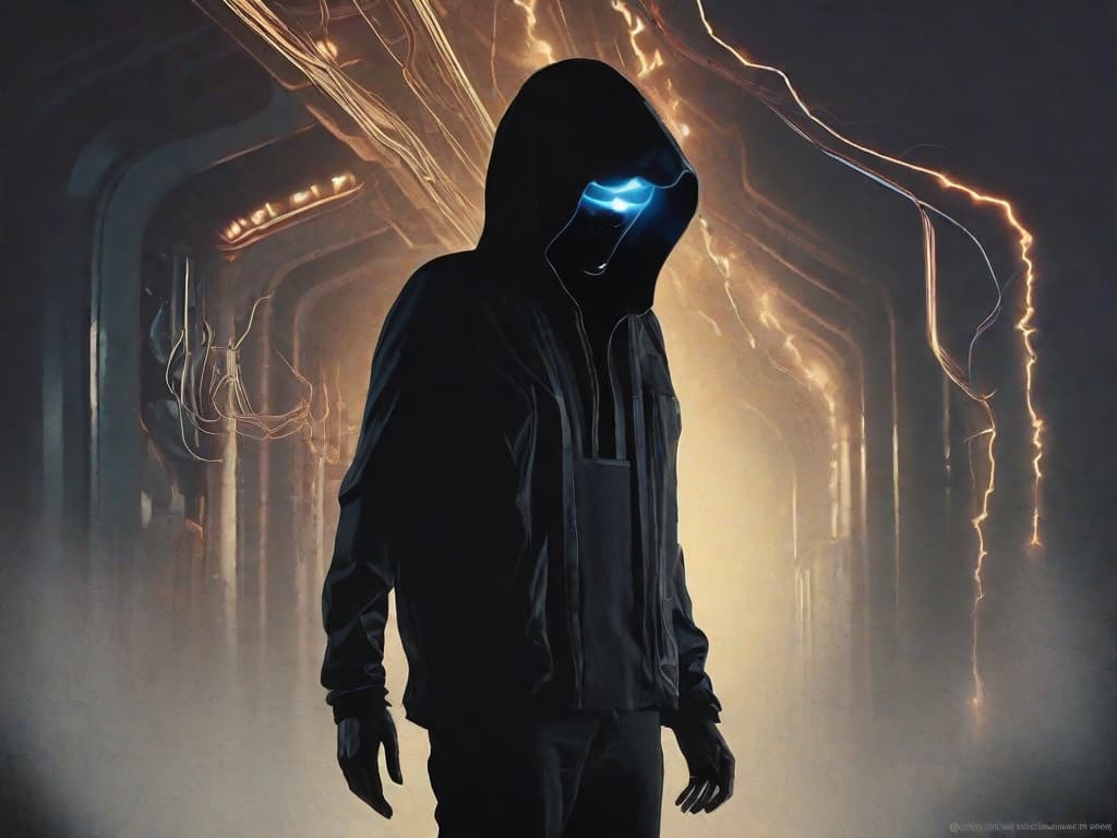  A dark and eerie silhouette of a ghostly figure emerging from a digital device, with glowing eyes and a haunting presence. The figure is surrounded by a digital aura, symbolizing the haunting presence of AI "Deadbots" that can digitally interact with loved ones after death. digital art, ilustration, no flares, clean hyperrealistic, full body, detailed clothing, highly detailed, cinematic lighting, stunningly beautiful, intricate, sharp focus, f/1. 8, 85mm, (centered image composition), (professionally color graded), ((bright soft diffused light)), volumetric fog, trending on instagram, trending on tumblr, HDR 4K, 8K