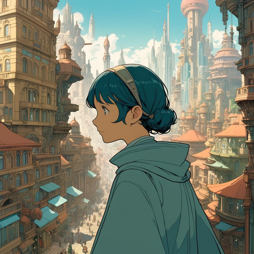  by Studio Ghibli and Alphonse Mucha, thick (science fiction scene:1.1) , looking away from camera, city, Selective focus