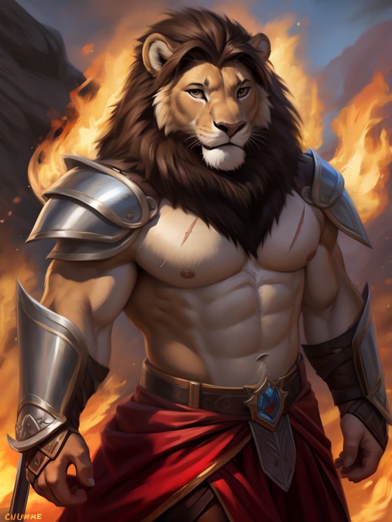  By chunie, by Zaush, portrait, full body, full view, photorealistic, anthro, male, lion, scar on face, standing, burning armor:2, flame sword, surrounded by a flame aura, fireland, fire in background, ultra detailed flame, ultra detailed armor, sfw, thick body, muscular body, stare at the camera, open eyes, digital art, masterpiece, 4k, fine details,