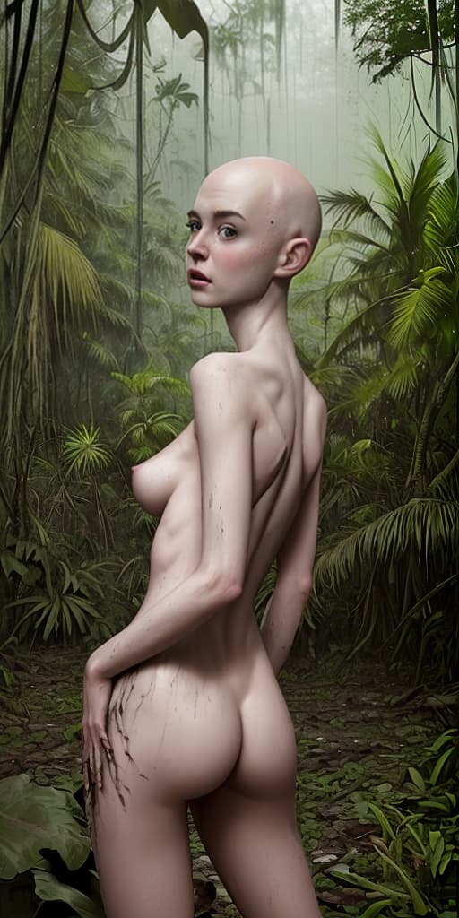  bald-girl, thin, dirty, raining, in the jungle, naked, with her back