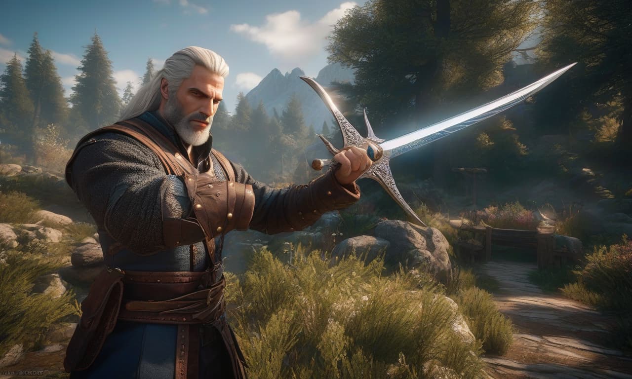  A witcher, he has a short dark beard and hair, he has blue eyes, and a sword in his hand. hyperrealistic, full body, detailed clothing, highly detailed, cinematic lighting, stunningly beautiful, intricate, sharp focus, f/1. 8, 85mm, (centered image composition), (professionally color graded), ((bright soft diffused light)), volumetric fog, trending on instagram, trending on tumblr, HDR 4K, 8K