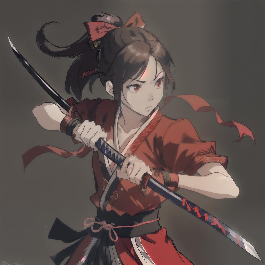  a katana sword tied with red ribbons, fantasy weapons