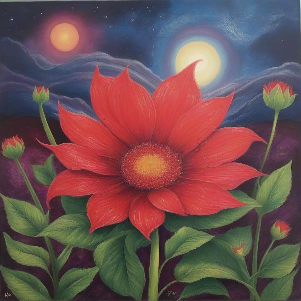  A scary monster bent over a glowing magical red flower children's acrylic drawing