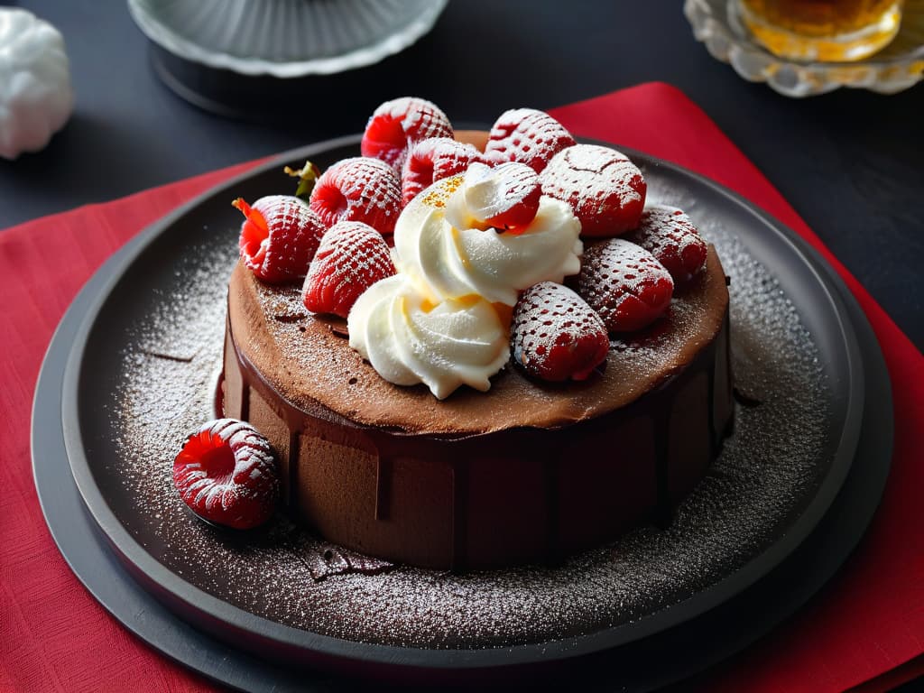  A closeup ultradetailed image of a decadent keto chocolate lava cake on a sleek, matte black plate, dusted with a sprinkle of powdered erythritol, with a side of fresh raspberries and a dollop of whipped cream on a modern, minimalist table setting. The cake is perfectly moist, and as you zoom in, you can see the rich, gooey chocolate center oozing out invitingly, creating a mouthwatering and visually stunning composition. The lighting is soft, emphasizing the textures and colors of the dessert against the dark background, evoking a sense of indulgence and sophistication. hyperrealistic, full body, detailed clothing, highly detailed, cinematic lighting, stunningly beautiful, intricate, sharp focus, f/1. 8, 85mm, (centered image composition), (professionally color graded), ((bright soft diffused light)), volumetric fog, trending on instagram, trending on tumblr, HDR 4K, 8K