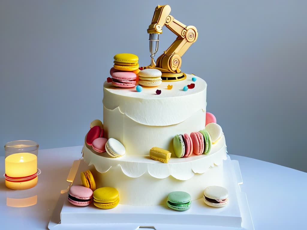  A sleek and futuristic robotic arm delicately piping intricate designs on a multitiered wedding cake, surrounded by a variety of colorful macarons, perfectly arranged in a minimalist kitchen setting. hyperrealistic, full body, detailed clothing, highly detailed, cinematic lighting, stunningly beautiful, intricate, sharp focus, f/1. 8, 85mm, (centered image composition), (professionally color graded), ((bright soft diffused light)), volumetric fog, trending on instagram, trending on tumblr, HDR 4K, 8K