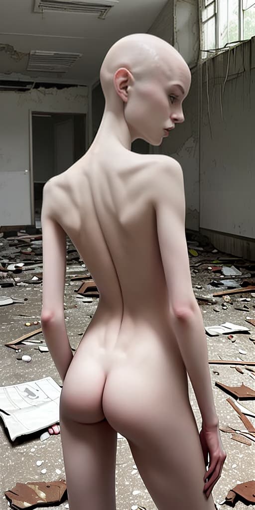  bald-girl, very thin, naked, with her back, in an abandoned place