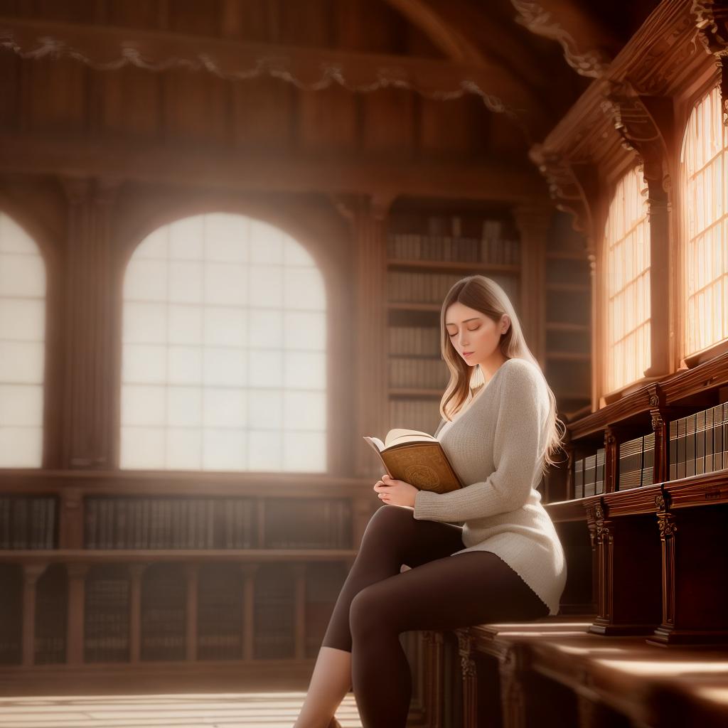  A young woman sitting in a sunlit, old library, realistic style, focused on reading an ancient book, surrounded by tall wooden shelves filled with books, soft and natural lighting from large windows, highly detailed textures on wood and fabrics, serene and contemplative atmosphere hyperrealistic, full body, detailed clothing, highly detailed, cinematic lighting, stunningly beautiful, intricate, sharp focus, f/1. 8, 85mm, (centered image composition), (professionally color graded), ((bright soft diffused light)), volumetric fog, trending on instagram, trending on tumblr, HDR 4K, 8K