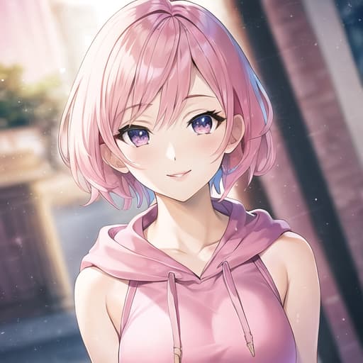  master piece , best quality,20s, female, pink hair, short hair, delicate eyes, smile, hoodie