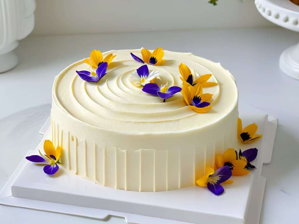  A photorealistic closeup image of a decadent Mexican vanilla bean cake, adorned with intricate swirls of vanilla bean frosting, delicate edible flowers, and a sprinkle of fresh vanilla pods on a sleek marble cake stand. The cake is beautifully lit, showcasing the glossy texture of the frosting and the rich, aromatic specks of vanilla throughout the dessert. The background is softly blurred, emphasizing the intricate details and luxurious appeal of this modern take on traditional Mexican vanilla pastry. hyperrealistic, full body, detailed clothing, highly detailed, cinematic lighting, stunningly beautiful, intricate, sharp focus, f/1. 8, 85mm, (centered image composition), (professionally color graded), ((bright soft diffused light)), volumetric fog, trending on instagram, trending on tumblr, HDR 4K, 8K