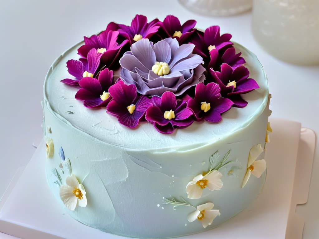  A closeup, ultrahigh resolution image of a perfectly frosted cake, showcasing intricate textures and detailing in shades of pastel colors, with delicate edible flowers adorning the top layer. The lighting is soft and elegant, highlighting the smooth finish of the frosting and the subtle sheen of the petals, creating a visually stunning and minimalistic composition that exudes sophistication and artistry. hyperrealistic, full body, detailed clothing, highly detailed, cinematic lighting, stunningly beautiful, intricate, sharp focus, f/1. 8, 85mm, (centered image composition), (professionally color graded), ((bright soft diffused light)), volumetric fog, trending on instagram, trending on tumblr, HDR 4K, 8K