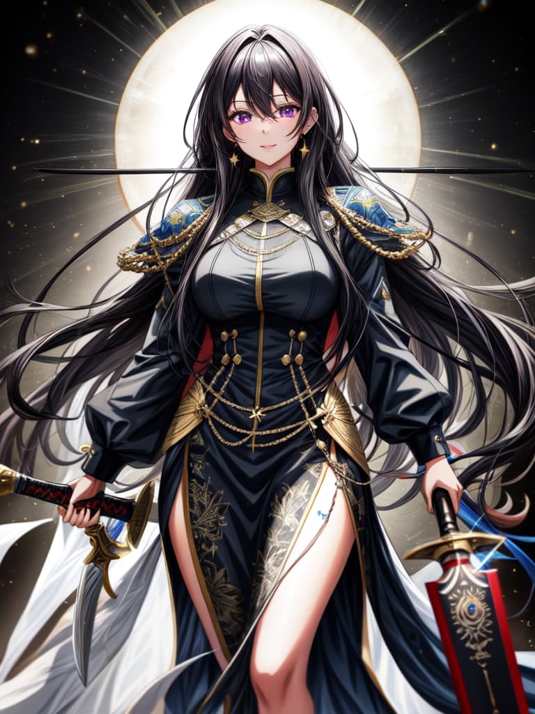  best quality,very long hair,black hair,ojousama,female,night,stars,cityscape,hair between eyes,hair over shoulder,curly hair,brown eyes,serious,black dress,1 girl, armor, white hair, purple eyes, sword, wielding sword, blue flame, glowing weapon, light particles, wallpaper, color difference hyperrealistic, full body, detailed clothing, highly detailed, cinematic lighting, stunningly beautiful, intricate, sharp focus, f/1. 8, 85mm, (centered image composition), (professionally color graded), ((bright soft diffused light)), volumetric fog, trending on instagram, trending on tumblr, HDR 4K, 8K