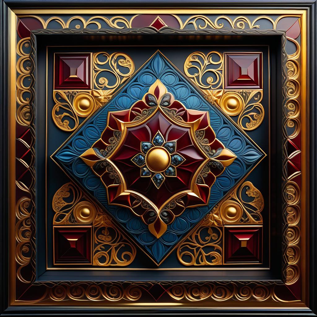  zentangle (Gold framed painting) There is a gold chest in the painting. (Chest design):An antique carved chest inlaid with gold and framed with blue jewels. Next to the chest is an antique treasure map with gold coins scattered on it. Tangle in English means "tangle", "weave", "intertwining", "intricacy".Zentangle tiles have the trademark uneven edge and rounded corners. The original tiles are presented in the form of geometric shapes: square, triangle, rectangle and circle. (Chest colours):yellow, gold, red, bordeaux, blue. (Card colour):pale yellow, vintage style. (Coin colour):pale gold. . intricate, abstract, monochrome, patterns, meditative, highly detailed hyperrealistic, full body, detailed clothing, highly detailed, cinematic lighting, stunningly beautiful, intricate, sharp focus, f/1. 8, 85mm, (centered image composition), (professionally color graded), ((bright soft diffused light)), volumetric fog, trending on instagram, trending on tumblr, HDR 4K, 8K