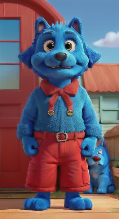  {Max the big blue dog standing in front of a cozy little house with a red door, The big blue dog is large with sky blue fur, big round eyes, a black nose, and floppy ears.