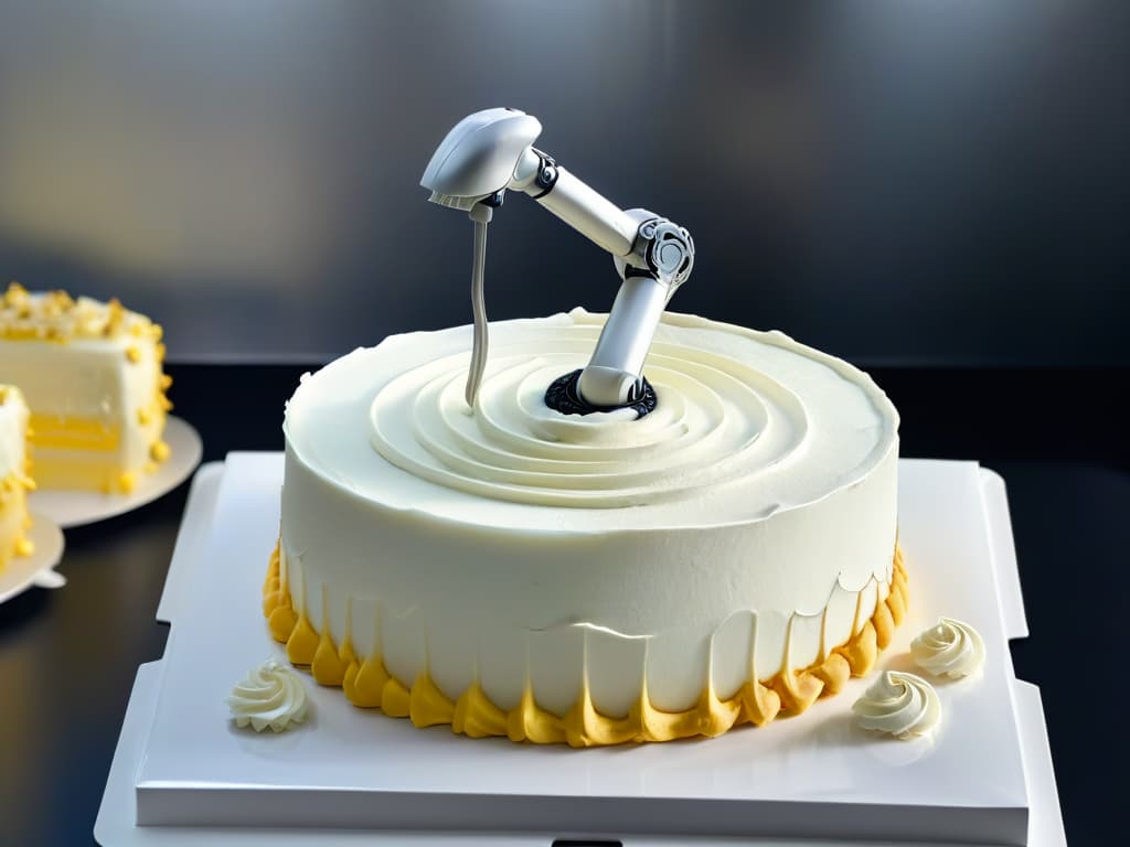  A closeup, ultradetailed image of a sleek, futuristic robotic arm delicately piping intricate swirls of frosting onto a perfectly crafted cake. The robotic arm is silver with glowing LED lights, showcasing advanced technology integrated seamlessly into the art of pastry making. The background is a soft, neutral color to highlight the precision and elegance of the robotic arm as it creates a stunning and precise dessert masterpiece. hyperrealistic, full body, detailed clothing, highly detailed, cinematic lighting, stunningly beautiful, intricate, sharp focus, f/1. 8, 85mm, (centered image composition), (professionally color graded), ((bright soft diffused light)), volumetric fog, trending on instagram, trending on tumblr, HDR 4K, 8K