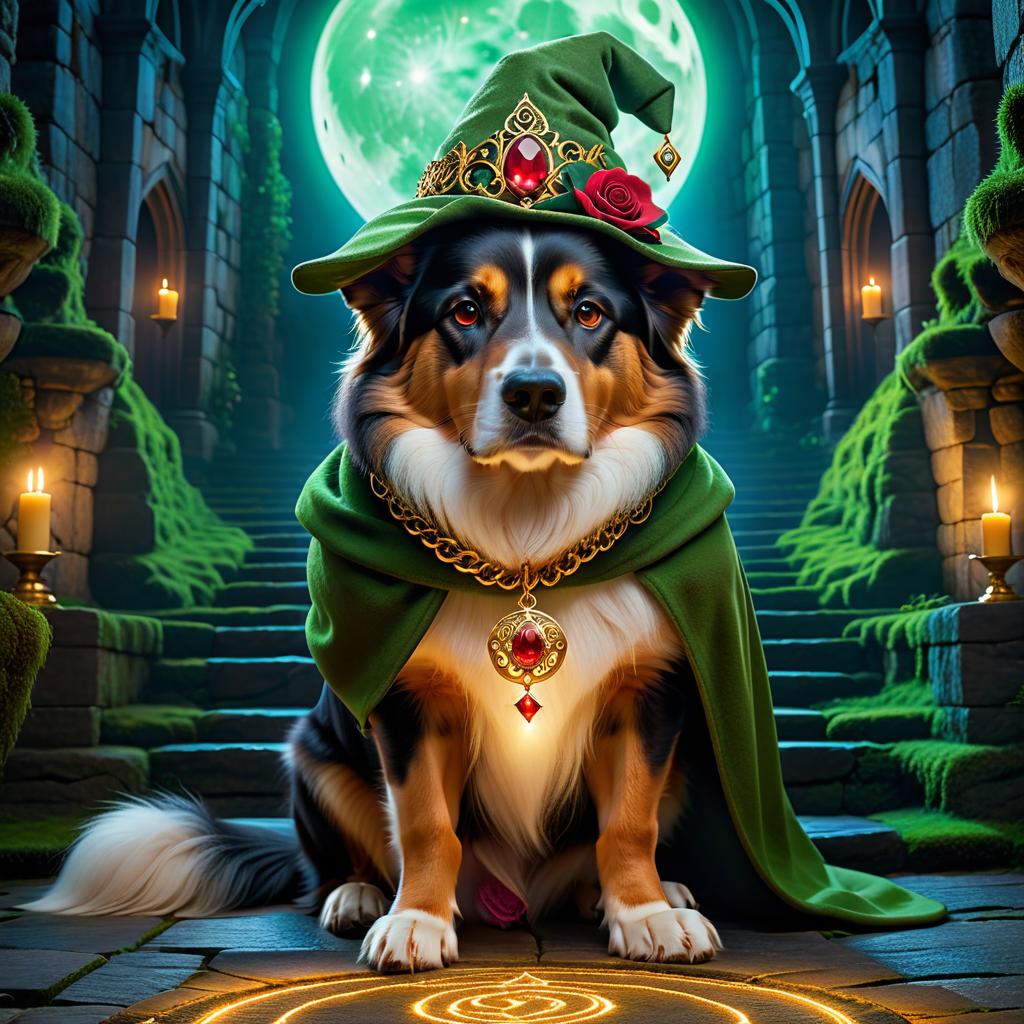  ethereal fantasy concept art of (Background):Moonlit night spires of an ancient stone building between the stones of which moss grows. At the bottom of a stone staircase, a dog sits on a wide platform. In front of him is a golden magic circle. (Dog): black brown with golden underparts, with green eyes. He is wearing a black cloak with a rose pin. On his head is a hat with a gold buckle and a red rosebud. Around his neck is a golden magic pendant with a red gemstone. Translated with DeepL.com (free version) . magnificent, celestial, ethereal, painterly, epic, majestic, magical, fantasy art, cover art, dreamy, hkmagic hyperrealistic, full body, detailed clothing, highly detailed, cinematic lighting, stunningly beautiful, intricate, sharp focus, f/1. 8, 85mm, (centered image composition), (professionally color graded), ((bright soft diffused light)), volumetric fog, trending on instagram, trending on tumblr, HDR 4K, 8K