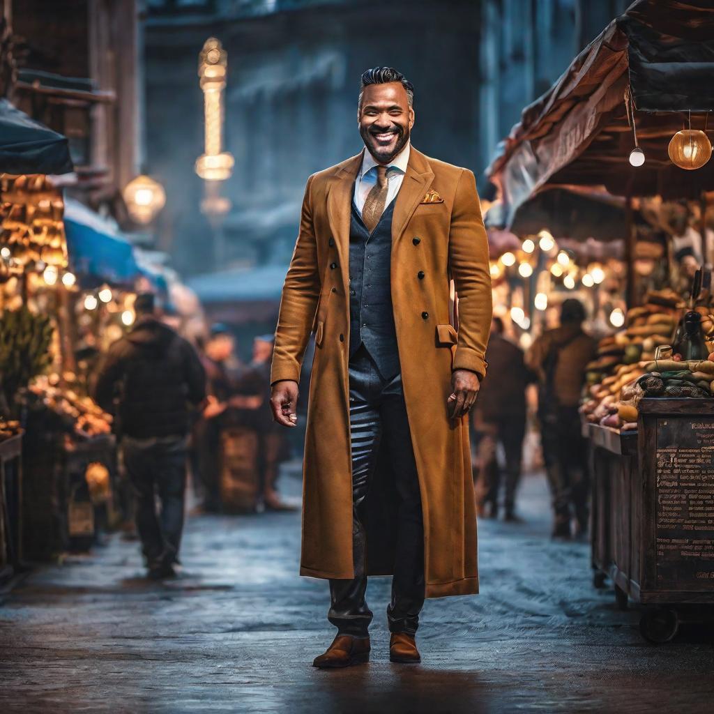  a man with big smile  hyperrealistic, full body, detailed clothing, highly detailed, cinematic lighting, stunningly beautiful, intricate, sharp focus, f/1. 8, 85mm, (centered image composition), (professionally color graded), ((bright soft diffused light)), volumetric fog, trending on instagram, trending on tumblr, HDR 4K, 8K