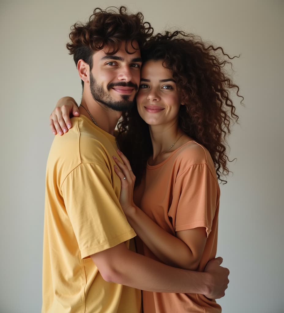  good quality, high quality, a couple embracing each other. the person in the foreground is wearing a casual, slightly oversized t shirt, as described. they are wrapped up together, showing a sense of closeness and comfort.