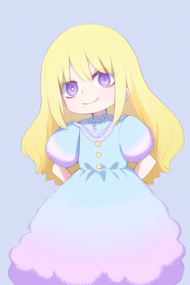  Girl, straight and fluffy hair, yellow hair, pink and purple odd eye, light blue fluffy dress, positive, bright