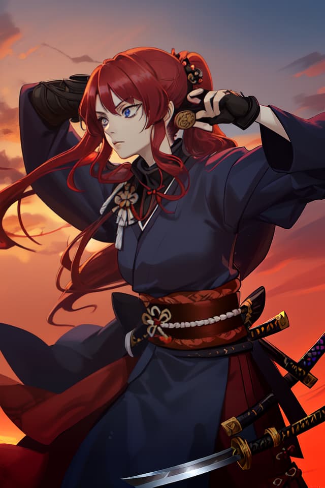  1lady,scarlet hair,curly long hair,low ponytail,blue eyes,ruffian,samurai,1katana,sunset,cowboy shot