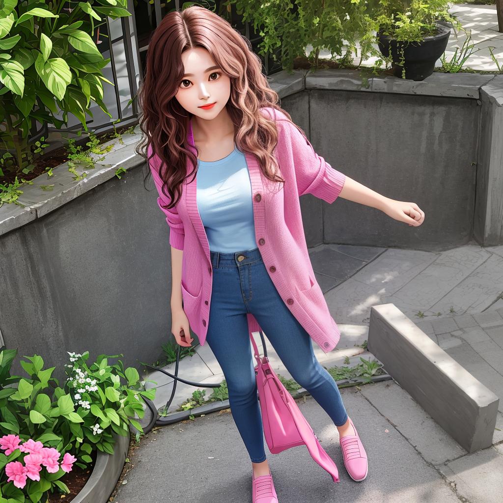  masterpiece, best quality,Full body picture of a girl with wavy medium hair wearing a pink, short sleeve shirt, dark blue pants and a cardigan ,