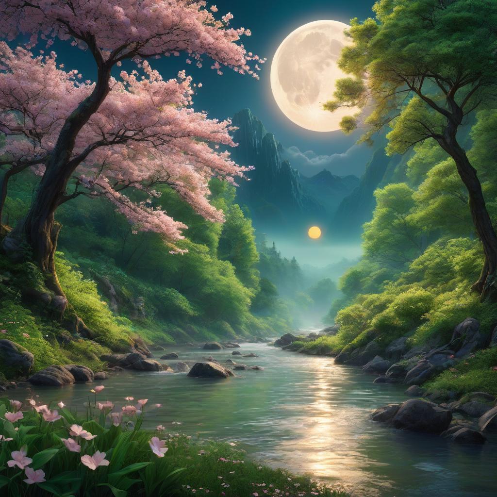  A river flowing through a lush green forest under a full moon, 3D anime drawing, floral sunset, dreamworks, enchanted dreams. instagram, night wonderland, cherry trees, pastel, 3d matte painting hyperrealistic, full body, detailed clothing, highly detailed, cinematic lighting, stunningly beautiful, intricate, sharp focus, f/1. 8, 85mm, (centered image composition), (professionally color graded), ((bright soft diffused light)), volumetric fog, trending on instagram, trending on tumblr, HDR 4K, 8K