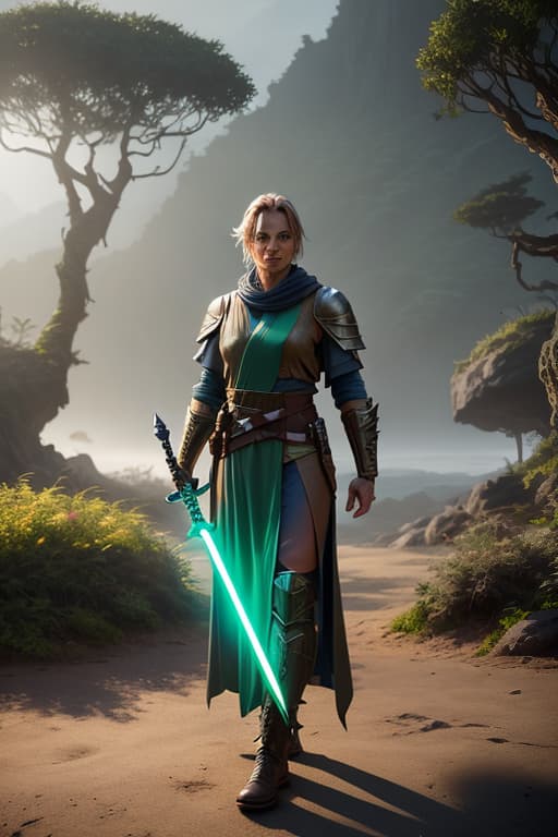  a cinematic shot of a Jedi warrior and holding a green glowing spear and a shield, fantasy jungle in background, reflective light, hkstyle, HD, masterpiece, best quality, hyper detailed, ultra detailed, super realistic hyperrealistic, full body, detailed clothing, highly detailed, cinematic lighting, stunningly beautiful, intricate, sharp focus, f/1. 8, 85mm, (centered image composition), (professionally color graded), ((bright soft diffused light)), volumetric fog, trending on instagram, trending on tumblr, HDR 4K, 8K