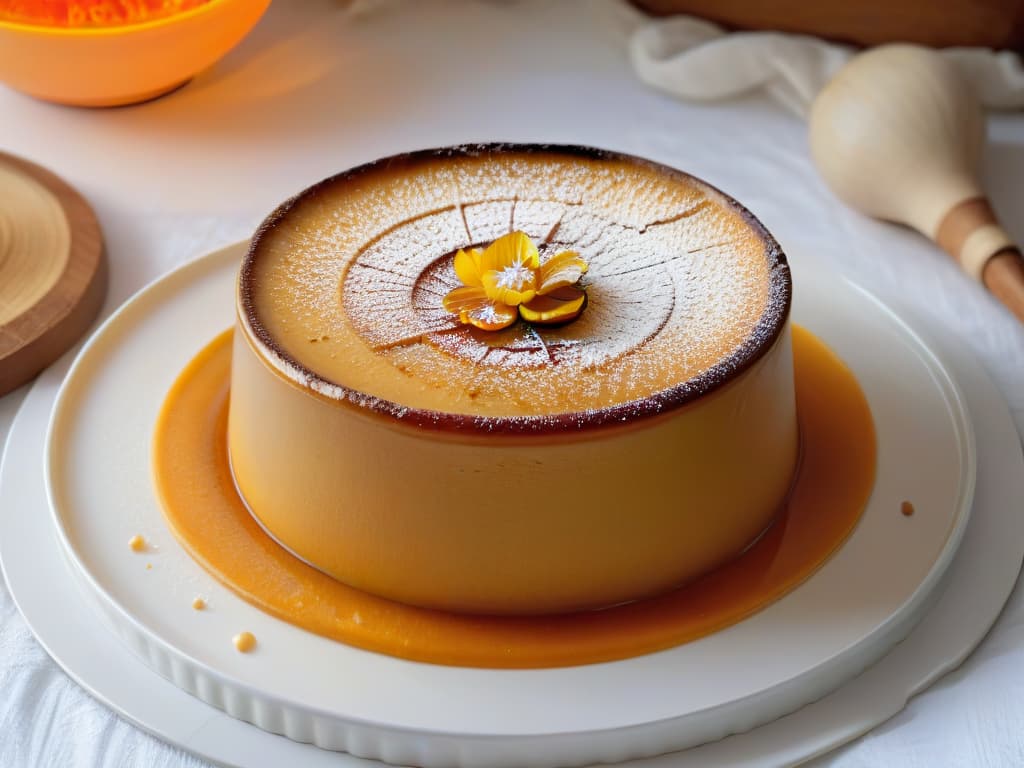  A closeup, photorealistic image of a freshly baked creamy pumpkin flan, perfectly caramelized on top, with a rich golden hue. The flan sits elegantly on a delicate ceramic plate, garnished with a sprinkle of cinnamon and a vibrant orange pumpkin flower on the side. The glossy caramel sauce drizzles down the sides of the flan, capturing the light and creating a mouthwatering shine. The background is softly blurred, emphasizing the intricate details of the dessert, inviting viewers to indulge in its creamy texture and warm flavors. hyperrealistic, full body, detailed clothing, highly detailed, cinematic lighting, stunningly beautiful, intricate, sharp focus, f/1. 8, 85mm, (centered image composition), (professionally color graded), ((bright soft diffused light)), volumetric fog, trending on instagram, trending on tumblr, HDR 4K, 8K