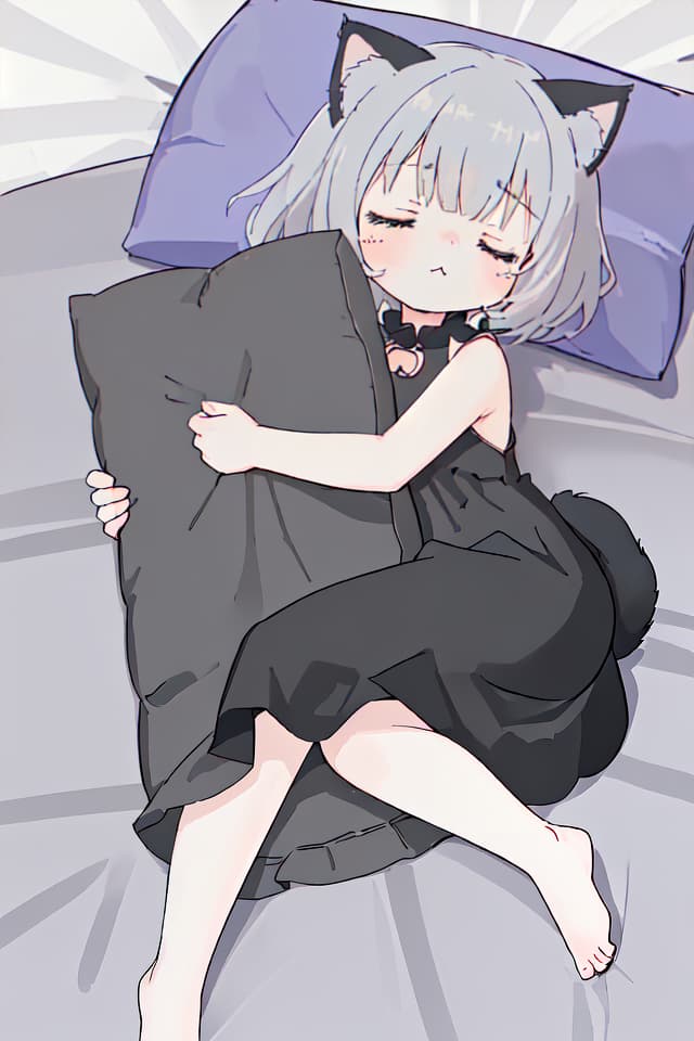  Cute,little girl,gray hair,cat ears,sleeping,black sleeveless dress,sleeping on the futon,cute,cat tail,happy sleeping face,sleeping face,(absurd detailed:1.4、best quality:1.4、masterpiece:1.4)、