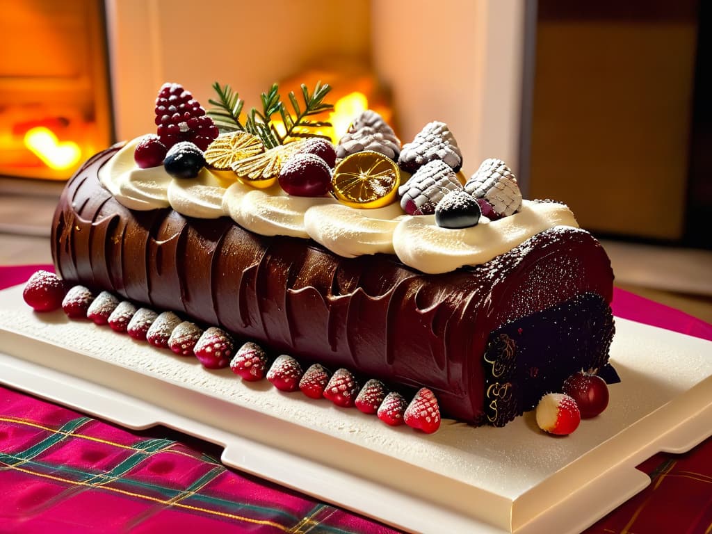  A closeup, ultra highresolution image of a beautifully decorated Yule log, showcasing intricate details of the handcrafted sugared cranberries and delicate edible gold leaf accents, set against a softfocus background of a cozy winter cabin fireplace. hyperrealistic, full body, detailed clothing, highly detailed, cinematic lighting, stunningly beautiful, intricate, sharp focus, f/1. 8, 85mm, (centered image composition), (professionally color graded), ((bright soft diffused light)), volumetric fog, trending on instagram, trending on tumblr, HDR 4K, 8K