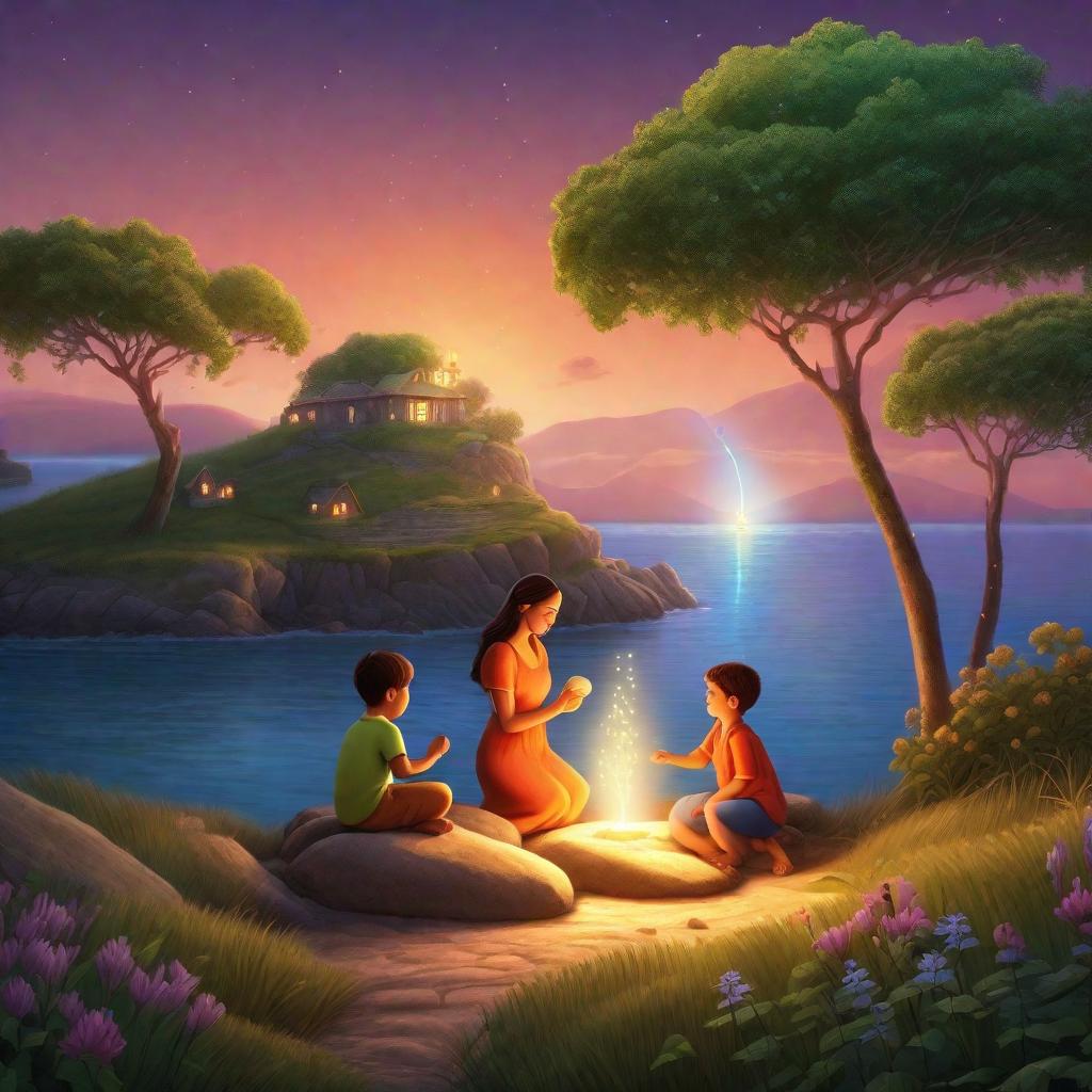  "A joyful child and mother standing on an island, preparing to make a wish upon a glowing stone they found. But, there's a tricky obstacle in their path before they can use the stone. The setting is peaceful and charming suitable for a kid's storybook."((masterpiece)), best quality, very detailed, high resolution, sharp, sharp image, extremely detailed, 4k, 8k, fairytale hyperrealistic, full body, detailed clothing, highly detailed, cinematic lighting, stunningly beautiful, intricate, sharp focus, f/1. 8, 85mm, (centered image composition), (professionally color graded), ((bright soft diffused light)), volumetric fog, trending on instagram, trending on tumblr, HDR 4K, 8K