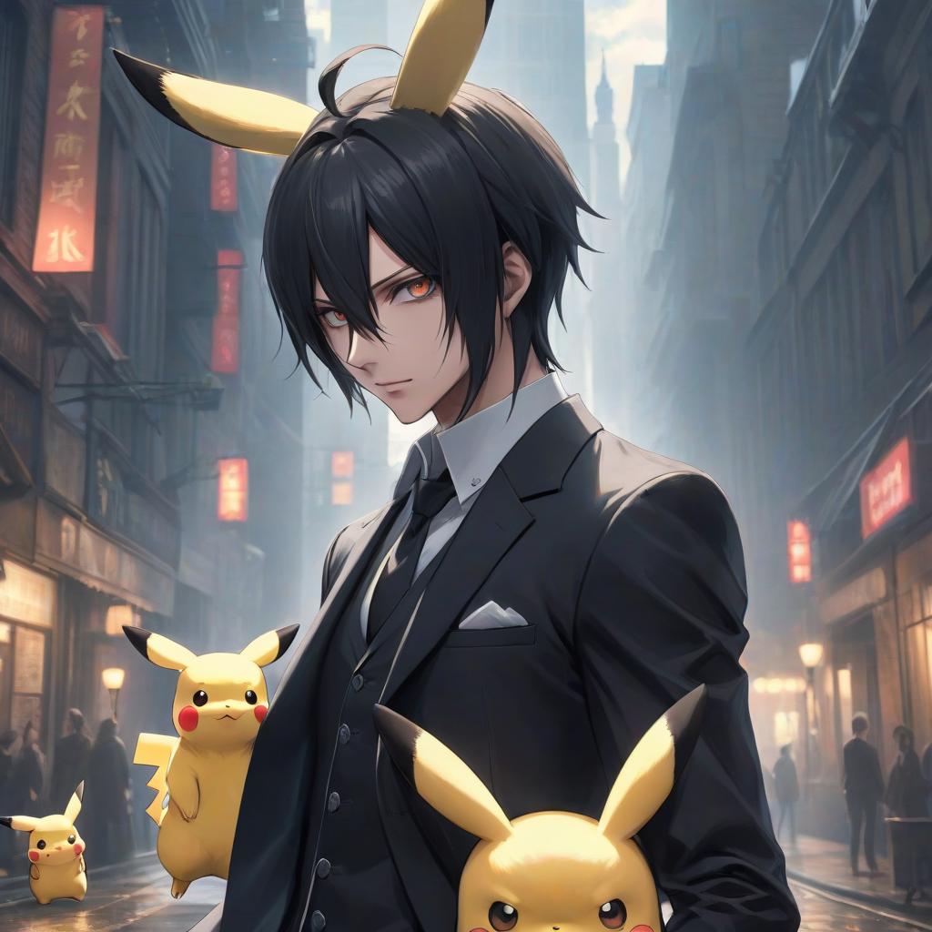  anime artwork The character Sebastian Michaelis from the anime is wearing a Pikachu costume. . anime style, key visual, vibrant, studio anime, highly detailed hyperrealistic, full body, detailed clothing, highly detailed, cinematic lighting, stunningly beautiful, intricate, sharp focus, f/1. 8, 85mm, (centered image composition), (professionally color graded), ((bright soft diffused light)), volumetric fog, trending on instagram, trending on tumblr, HDR 4K, 8K