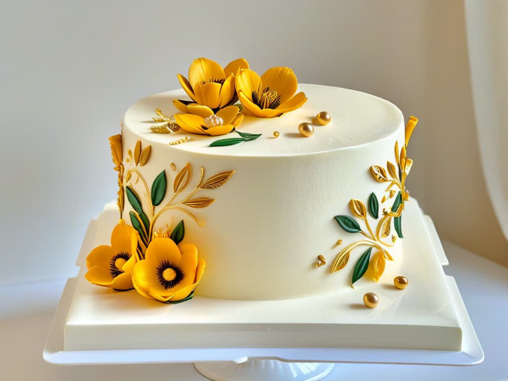  An ultradetailed closeup image of a perfectly smooth, glossy fondant cake decorated with intricate handpainted edible gold accents. The cake sits on a sleek, minimalistic white cake stand against a soft, blurred background, highlighting the flawless finish achieved with edible paint. hyperrealistic, full body, detailed clothing, highly detailed, cinematic lighting, stunningly beautiful, intricate, sharp focus, f/1. 8, 85mm, (centered image composition), (professionally color graded), ((bright soft diffused light)), volumetric fog, trending on instagram, trending on tumblr, HDR 4K, 8K