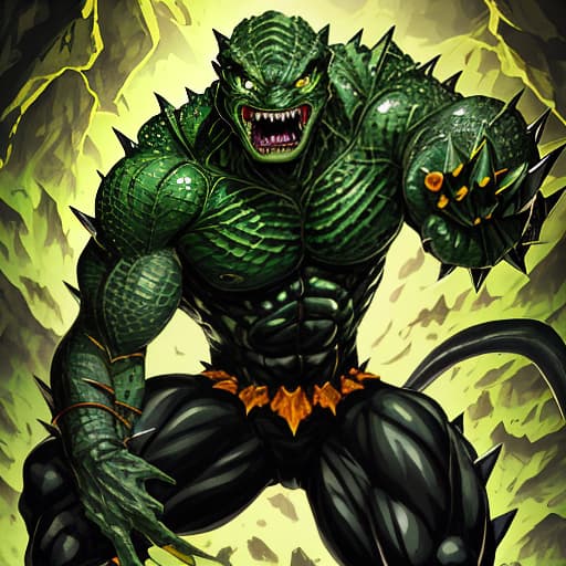  super muscular reptile man of greenish black color and amber eyes with sharp teeth and threatening appearance with long oscicus