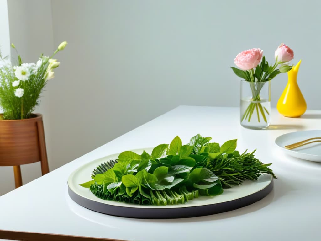  A serene and minimalistic image of a beautifully set dining table surrounded by lush greenery, with elegant plates, cutlery, and a vase of fresh flowers as the focal point. The sunlight gently filtering through the leaves creates a tranquil and inviting atmosphere, perfect for a relaxing culinary retreat. hyperrealistic, full body, detailed clothing, highly detailed, cinematic lighting, stunningly beautiful, intricate, sharp focus, f/1. 8, 85mm, (centered image composition), (professionally color graded), ((bright soft diffused light)), volumetric fog, trending on instagram, trending on tumblr, HDR 4K, 8K