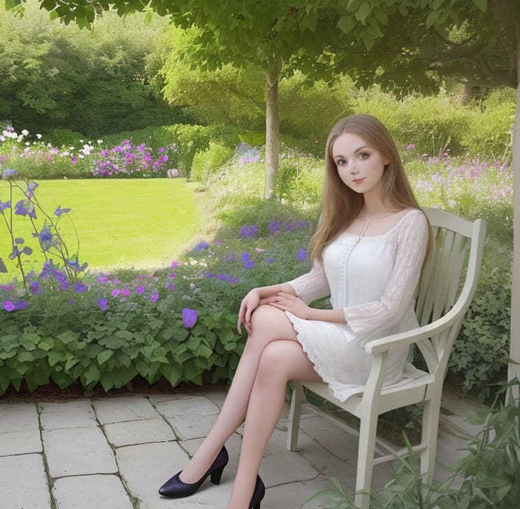  Beautiful girl sits in the big garden