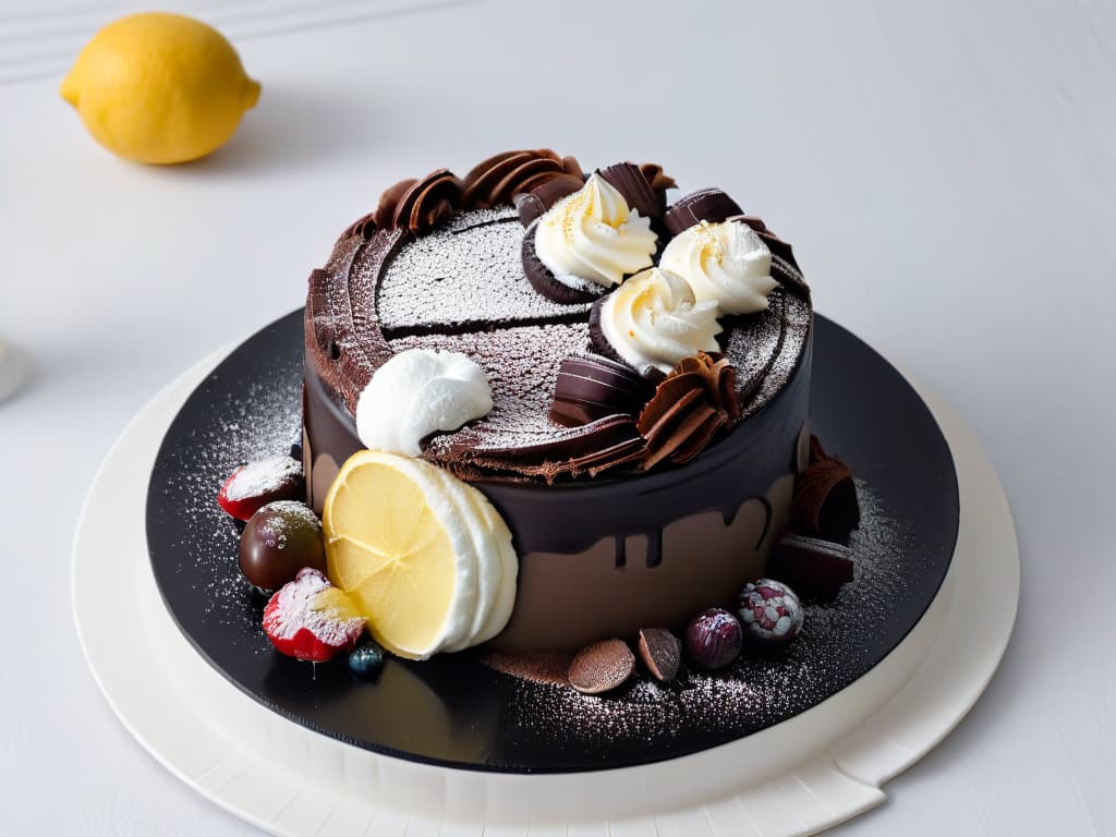  A minimalist image of a split dessert plate showcasing contrasting flavors and textures, with one side featuring a rich, decadent chocolate cake topped with a glossy ganache and the other side displaying a light, airy lemon meringue pie dusted with powdered sugar. The sleek black plate against a white background highlights the visual impact of combining these opposing flavor profiles in a visually striking yet simplistic manner. hyperrealistic, full body, detailed clothing, highly detailed, cinematic lighting, stunningly beautiful, intricate, sharp focus, f/1. 8, 85mm, (centered image composition), (professionally color graded), ((bright soft diffused light)), volumetric fog, trending on instagram, trending on tumblr, HDR 4K, 8K