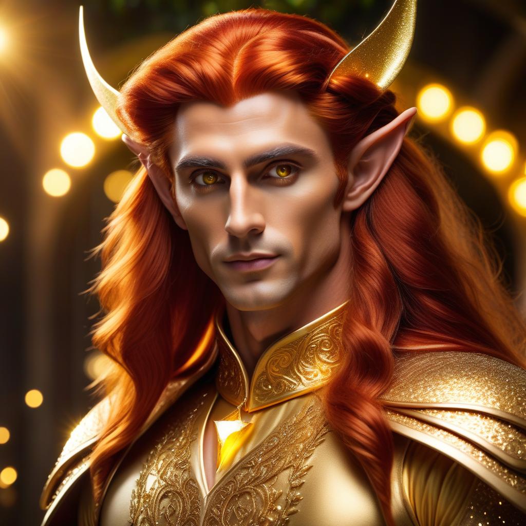  Young and smooth faced, attractive Elf man with long red hair, with elf like ears, with large, round golden yellow eyes with sparkling glints, with a golden diadem on his head, wearing a beautiful fairy tale outfit, realism, professional picture, 8k, HDRS+ hyperrealistic, full body, detailed clothing, highly detailed, cinematic lighting, stunningly beautiful, intricate, sharp focus, f/1. 8, 85mm, (centered image composition), (professionally color graded), ((bright soft diffused light)), volumetric fog, trending on instagram, trending on tumblr, HDR 4K, 8K