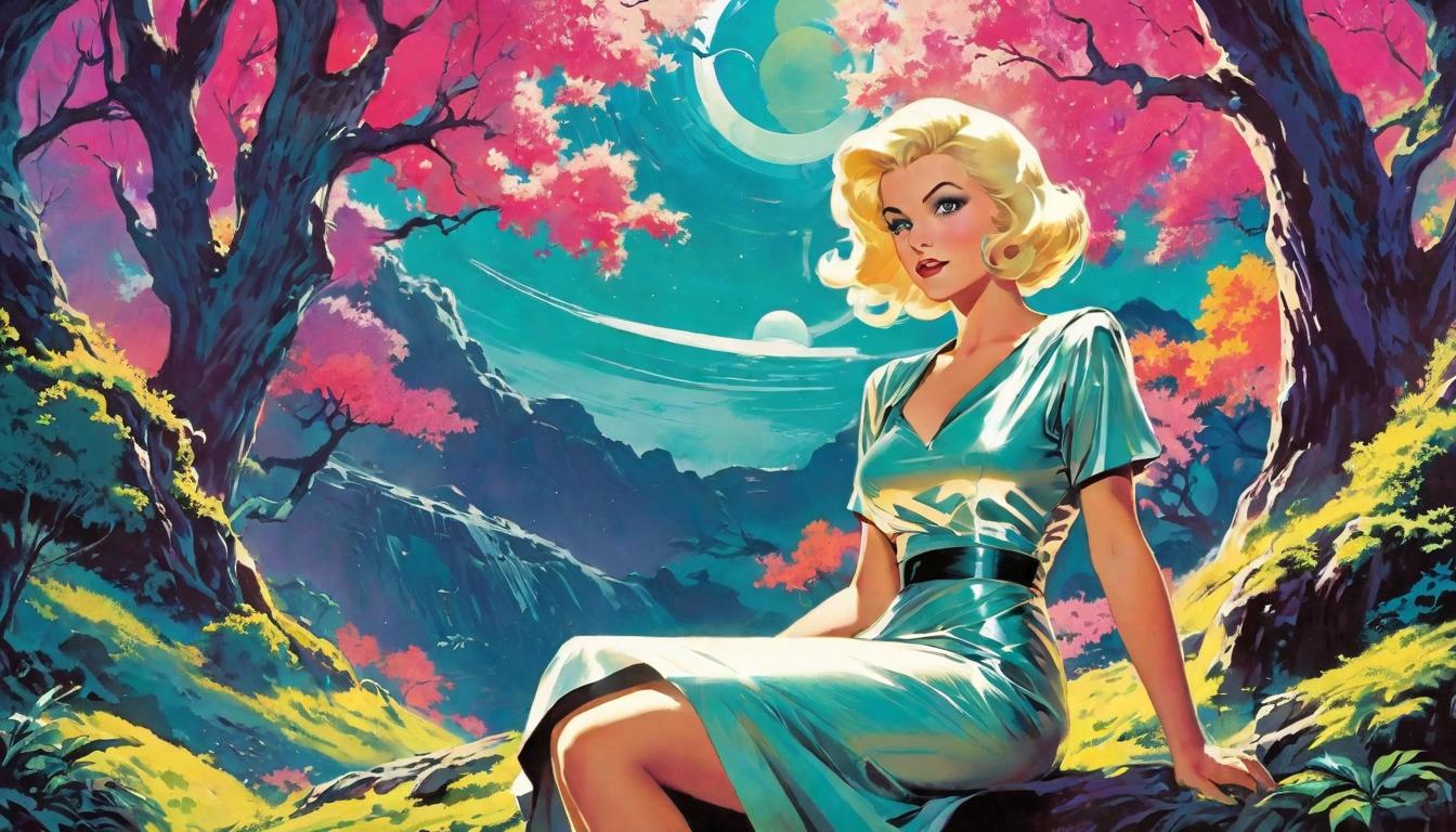  retro futuristic Arian female, large busted, blonde, sitting under a giant tree, vivid daydreams manifesting as colorful auroras above lvintage sci fi, 50s and 60s style, atomic age, vibrant, highly detailed