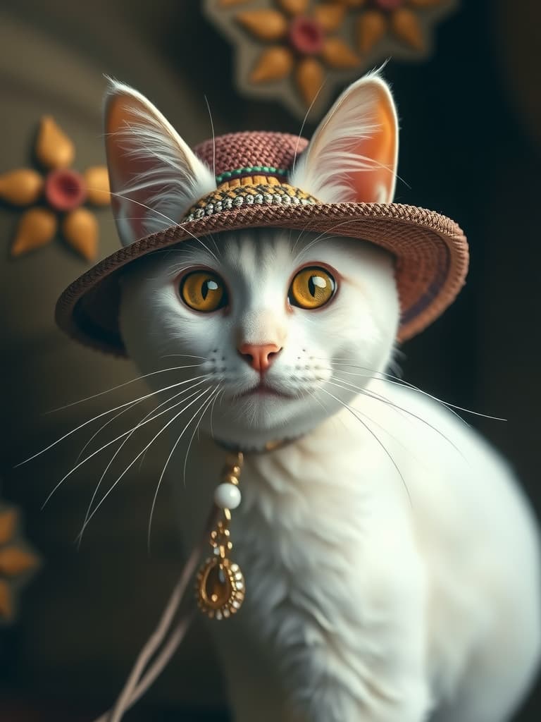  a white cat with hat and with an elephant hyperrealistic, full body, detailed clothing, highly detailed, cinematic lighting, stunningly beautiful, intricate, sharp focus, f/1. 8, 85mm, (centered image composition), (professionally color graded), ((bright soft diffused light)), volumetric fog, trending on instagram, trending on tumblr, HDR 4K, 8K