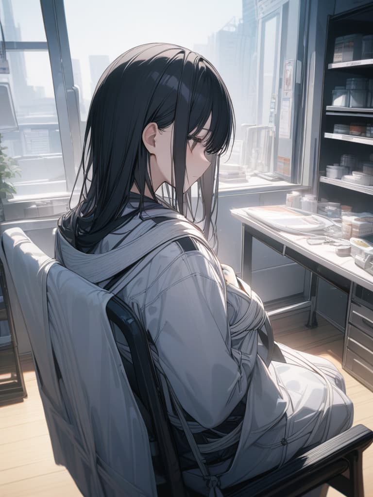  Gray jerseys, habits, black hair, mask, health room, sitting in chairs, tied up, wearing white coats, good looking, bangs center, masterpiece, best quality,8k,ultra detailed,high resolution,an extremely delicate and beautiful,hyper detail