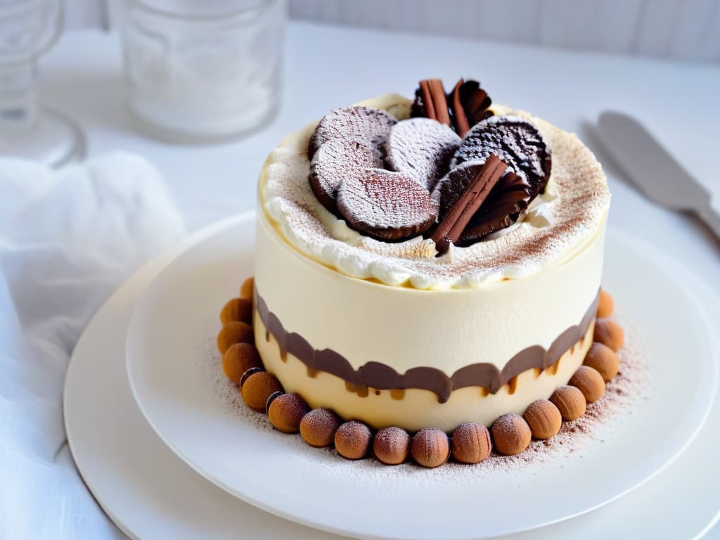  A minimalist image of a beautifully layered tiramisu dessert in a clear glass cup, showcasing rich espressosoaked ladyfingers, creamy mascarpone cheese, and a dusting of cocoa powder on top. The background is a soft, blurred neutral tone to keep the focus on the intricate layers of the dessert. hyperrealistic, full body, detailed clothing, highly detailed, cinematic lighting, stunningly beautiful, intricate, sharp focus, f/1. 8, 85mm, (centered image composition), (professionally color graded), ((bright soft diffused light)), volumetric fog, trending on instagram, trending on tumblr, HDR 4K, 8K