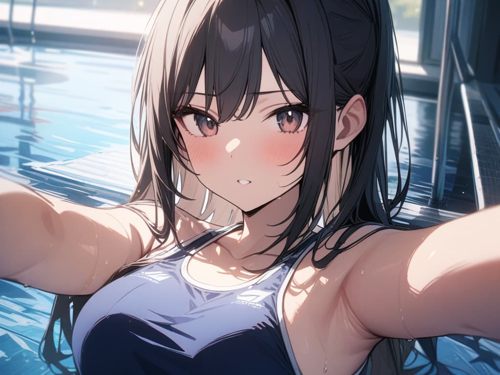  School swimwear, black hair, pool, one girl, masterpiece, best quality,8k,ultra detailed,high resolution,an extremely delicate and beautiful,hyper detail