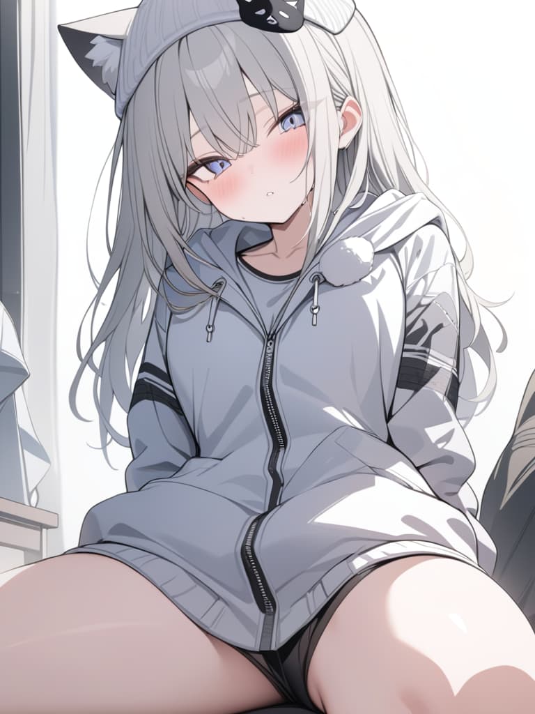  Cat ear knit hat, gray hair, bangs weight, long hair, dabo dabo jacket, boy, male, masterpiece, best quality,8k,ultra detailed,high resolution,an extremely delicate and beautiful,hyper detail